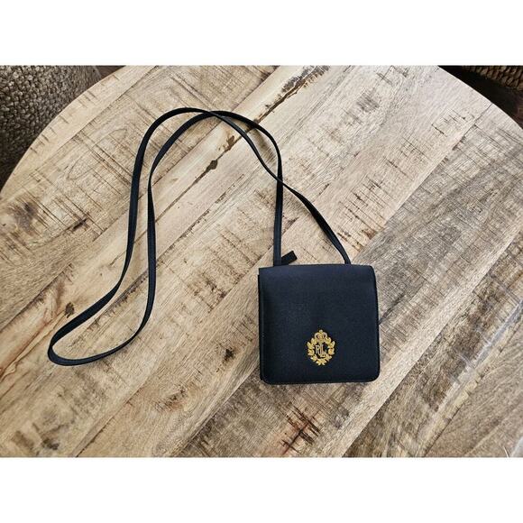 Ralph Lauren Gold Crested Crossbody Wallet Purse Logo Black EUC - Picture 1 of 9